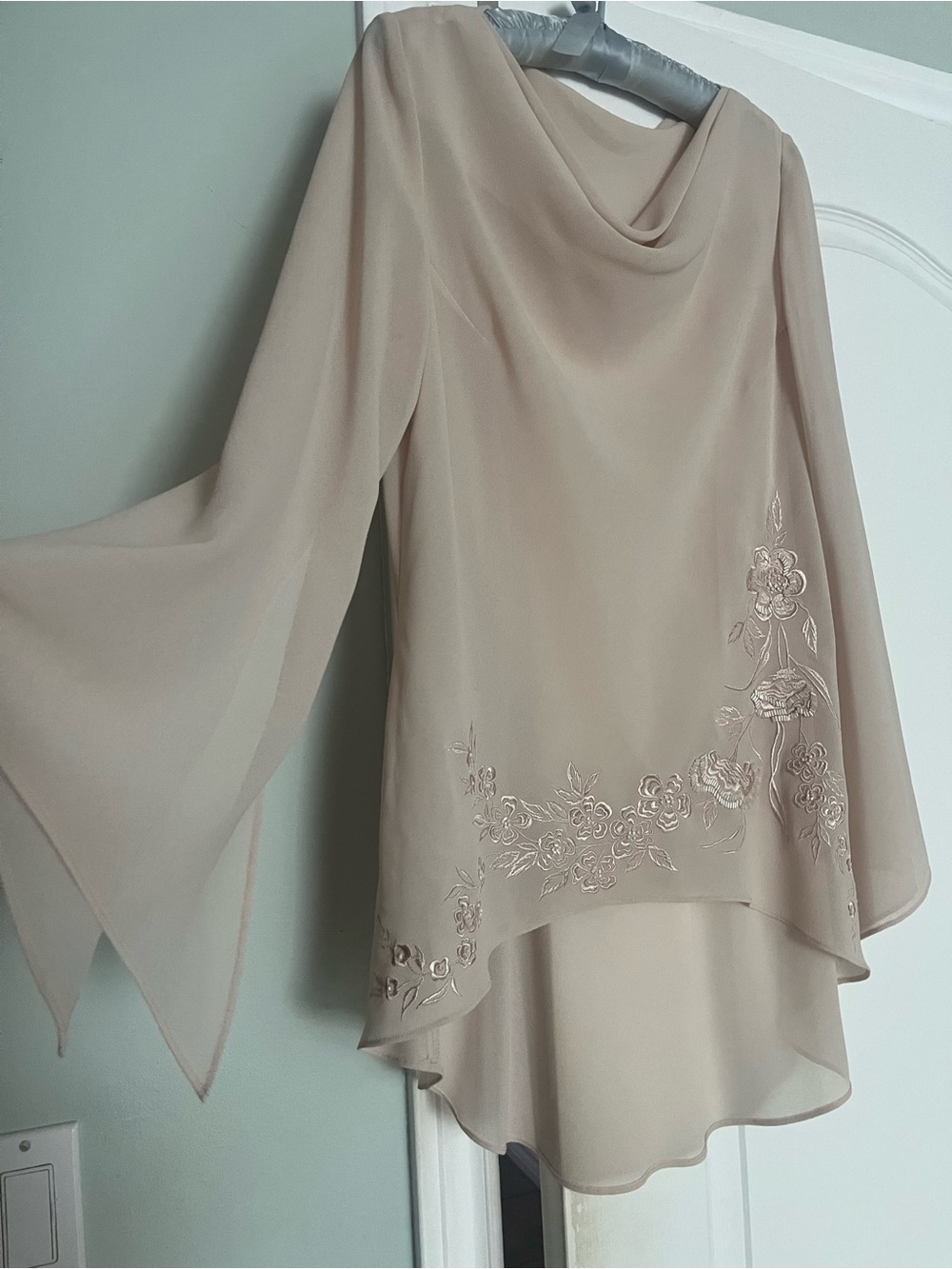 Sheer Draped Chiffon Blouse with Floral Embroidery - Taupe